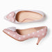Stiletto asimetric din piele naturala roz cu buline albe Solana
