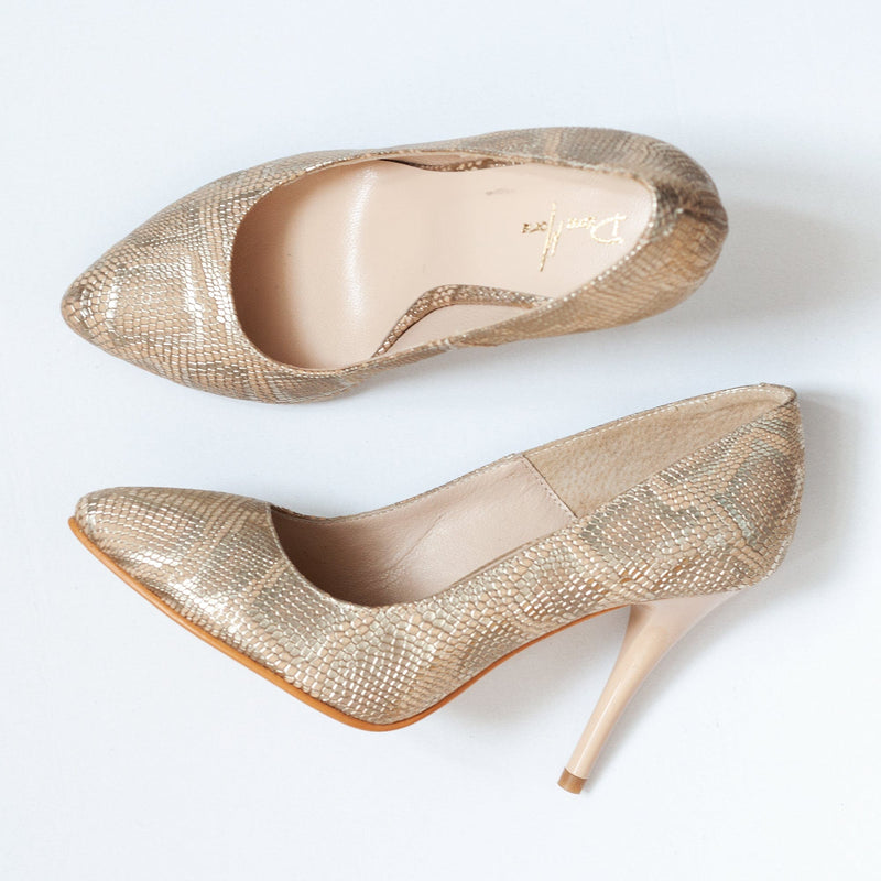 Pantofi Diane Marie Pantofi Dama 35 Stiletto din piele cu print sarpe auriu 35